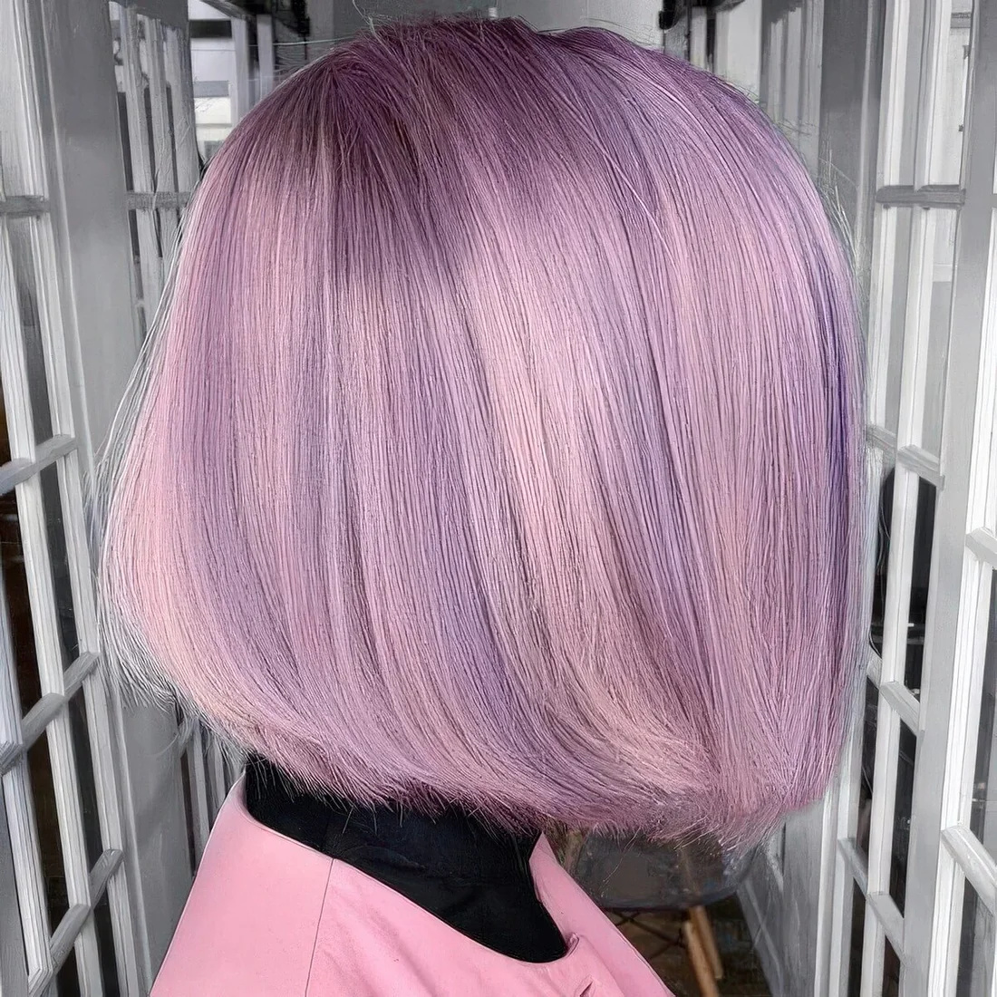 Lavender straight bob with slight blush balayage.