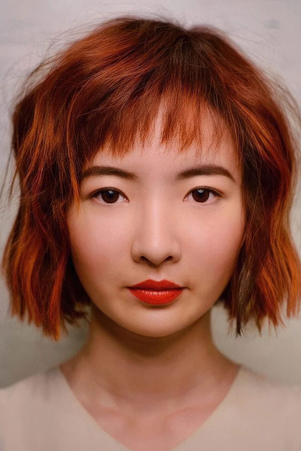 Chin-length wavy and textural bob with wispy bangs.