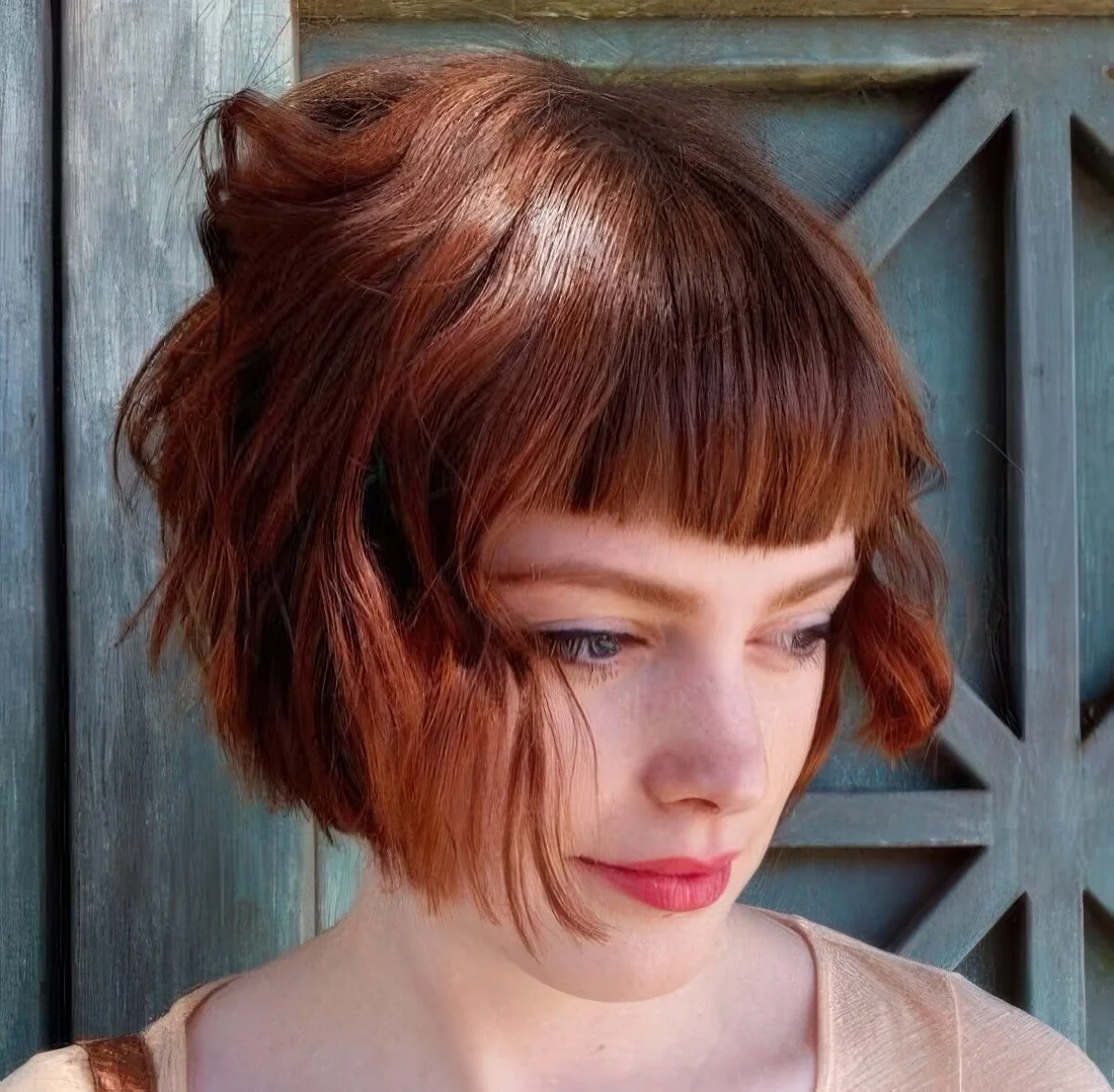 Deep red ear-length wavy bob with a classic fringe.