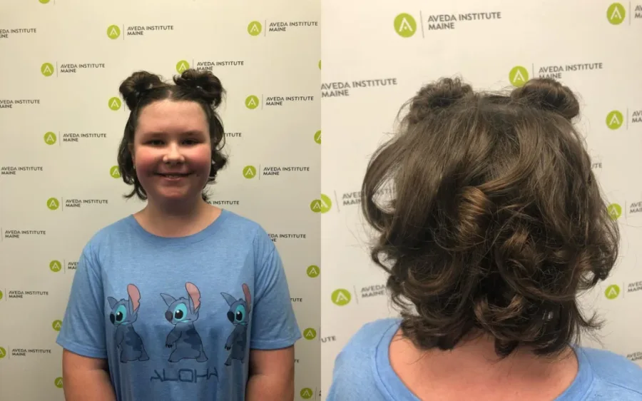 Double mini buns for short school hair shown from the front and back