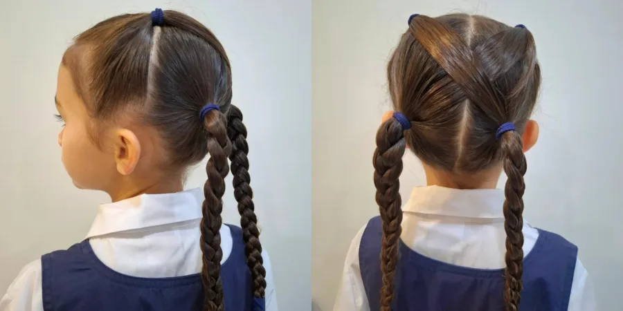 School uniform hairstyle with neat double braids and a center part