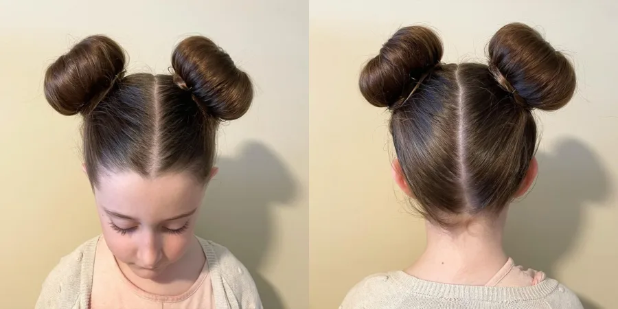 High space buns styled for a playful school spirit day look