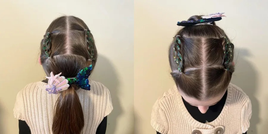 Braided crown detail leading into a ponytail for school