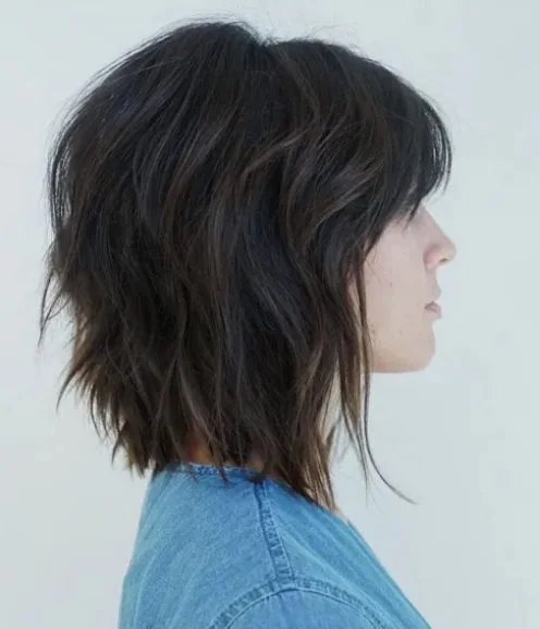 Photo showing sassy brunette bob, with the hairstyle clearly visible.