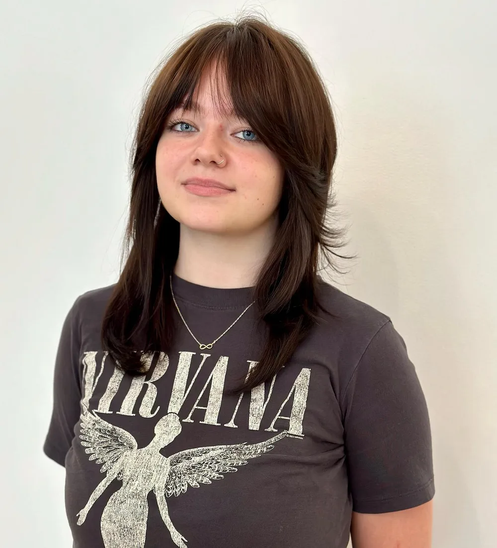 shoulder wavy chestnut shag with curtain fringe shown as a shag hairstyles for medium length thin fine hair idea, featuring medium layering