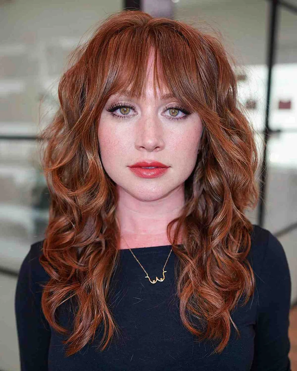 shoulder wavy copper shag with curtain fringe shown as a shag hairstyles for medium length thin fine hair idea