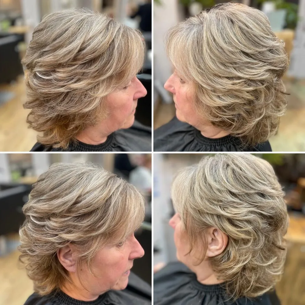 neck wavy gray shag shown as a shaggy bob for older women idea