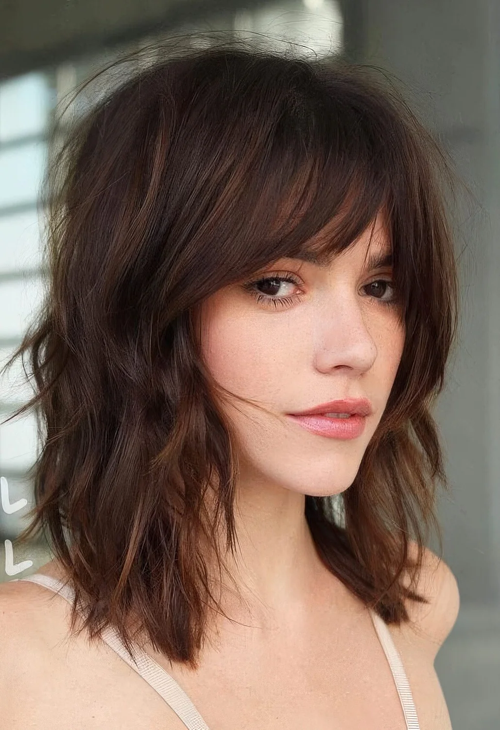 Shaggy and wavy dark chestnut long bob with a 70s inspired curtain fringe.