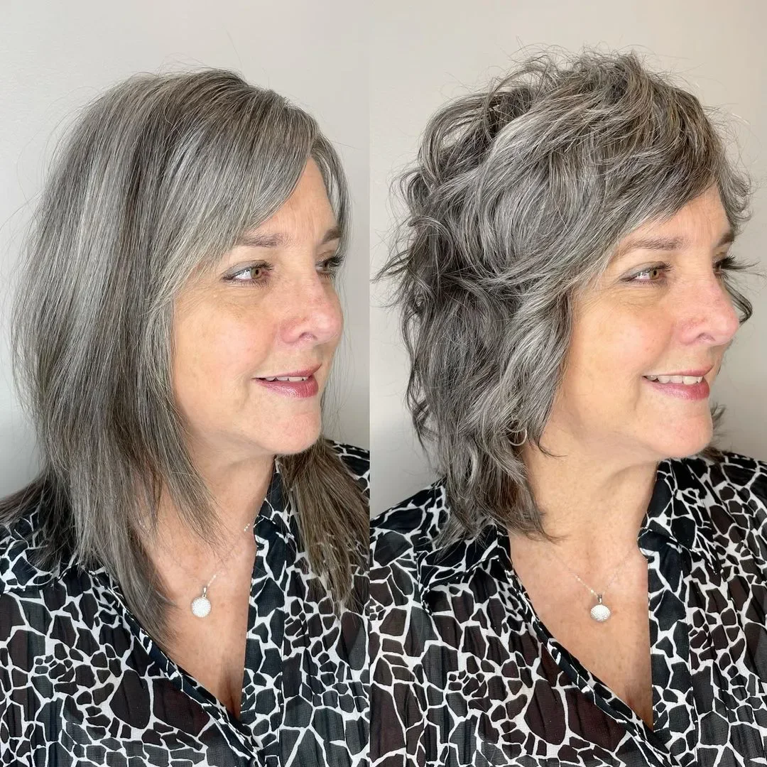 shoulder wavy silver shag with curtain fringe shown as a shaggy hairstyles for women over 50 idea, featuring heavy layering
