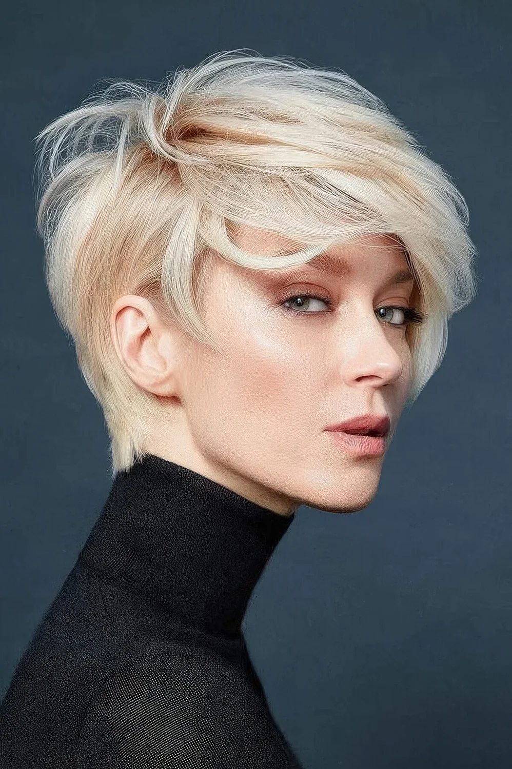 Voluminous warm blonde long pixie cut with straight hair.