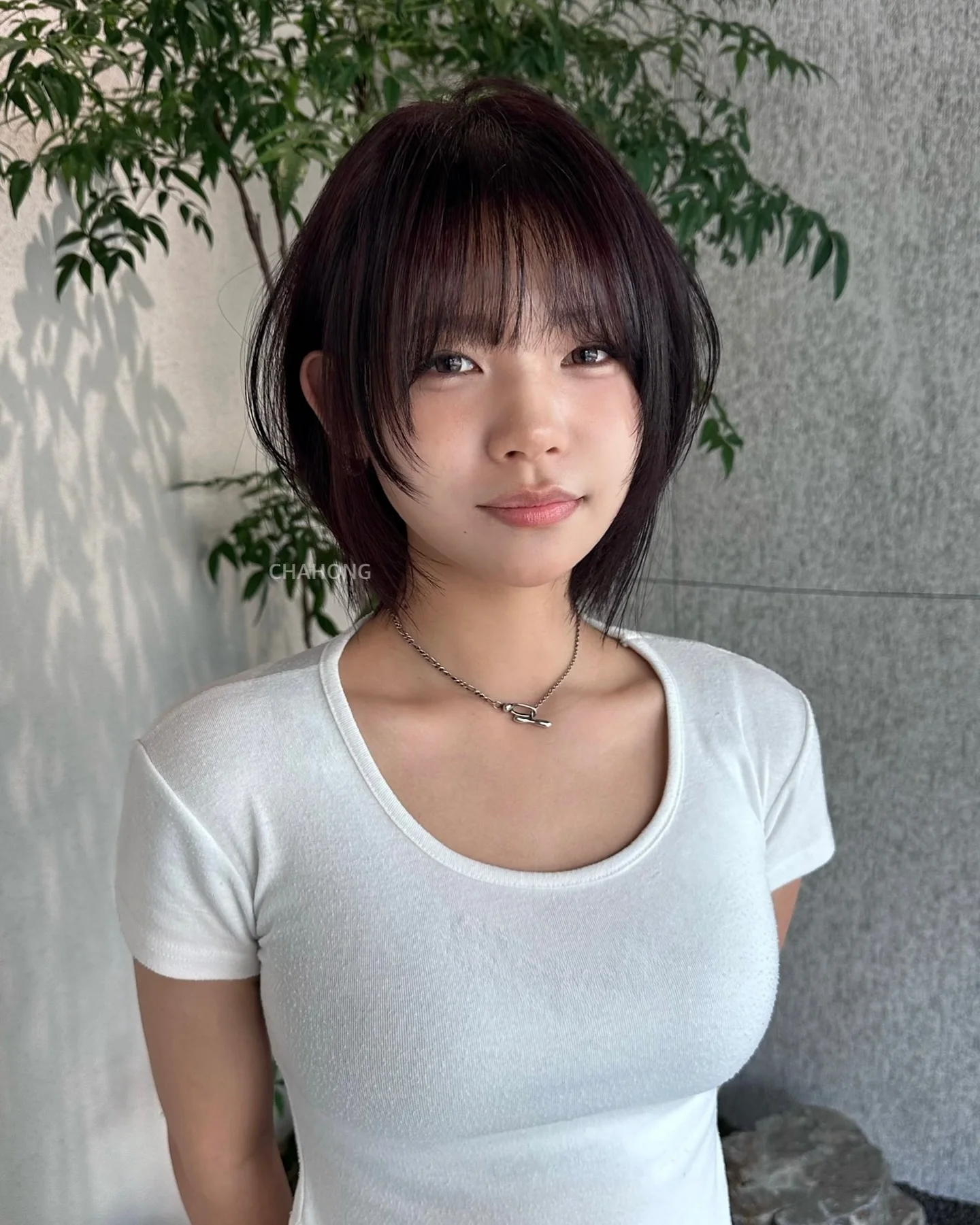 chin straight brunette bob with wispy fringe shown as a short bob hairstyles for thin fine hair with a round face idea