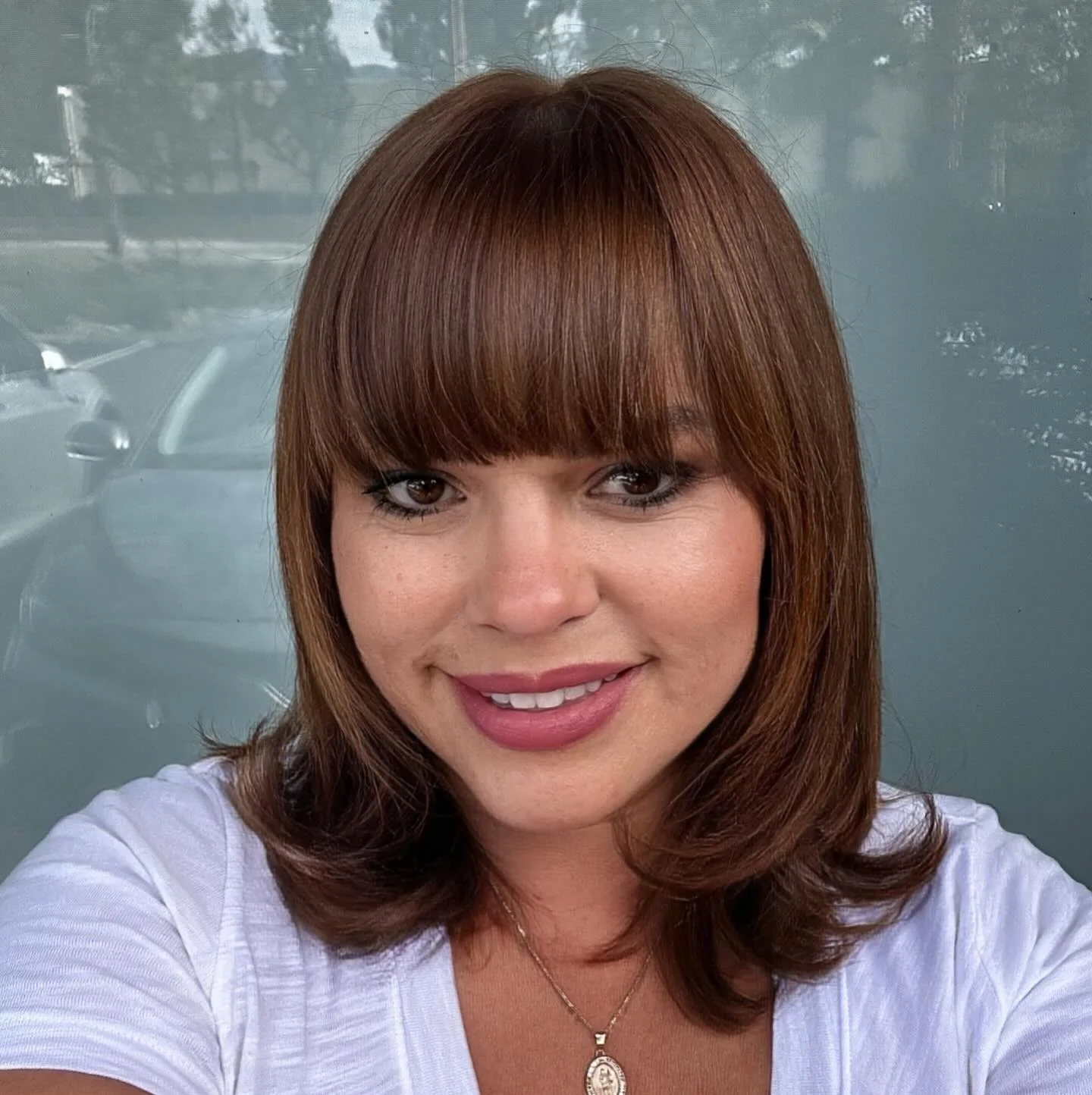 shoulder wavy chestnut shag with curtain fringe shown as a short bob hairstyles for thin fine hair with a round face idea