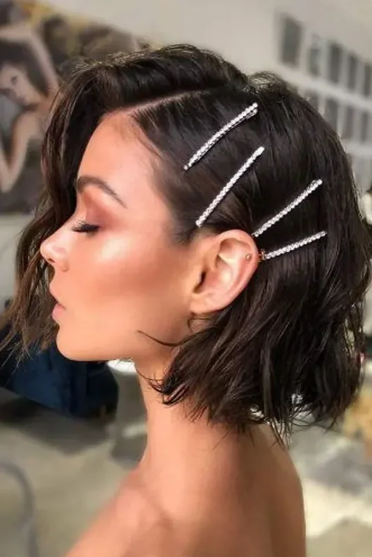 Photo showing rhinestone clips, with the hairstyle clearly visible.