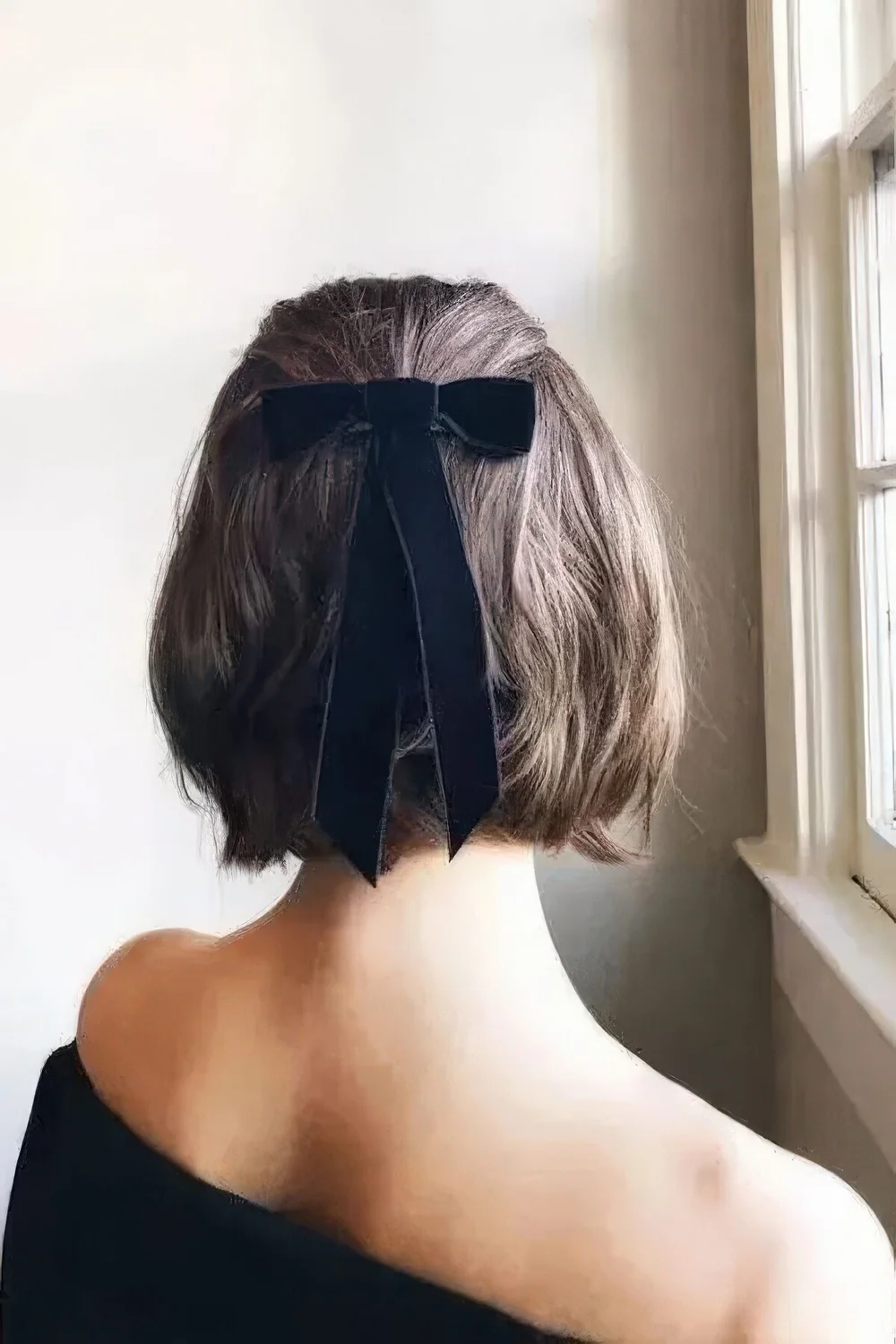 Photo showing short bob bow, with the hairstyle clearly visible.