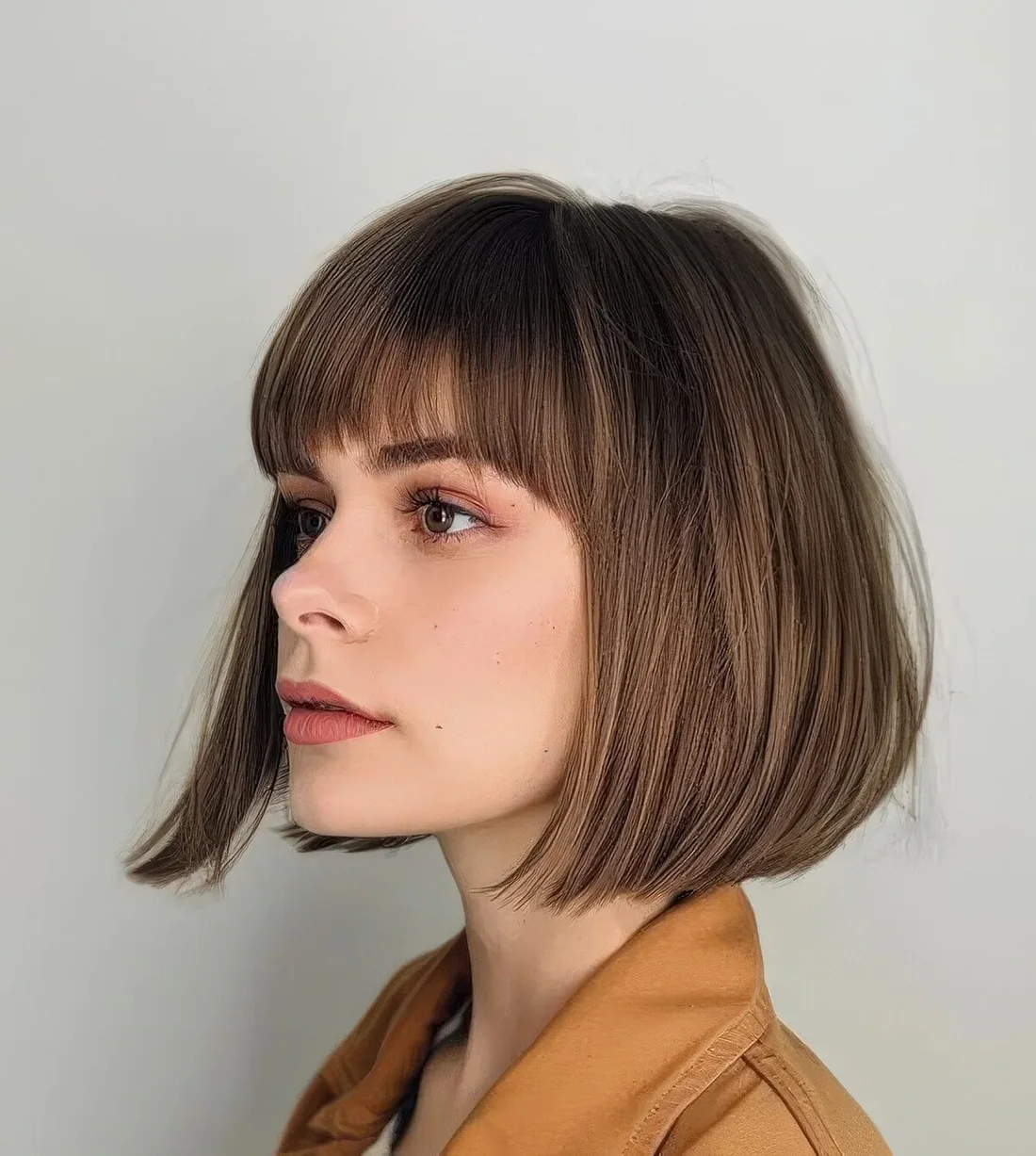 Photo showing angled bob fringe, with the hairstyle clearly visible.