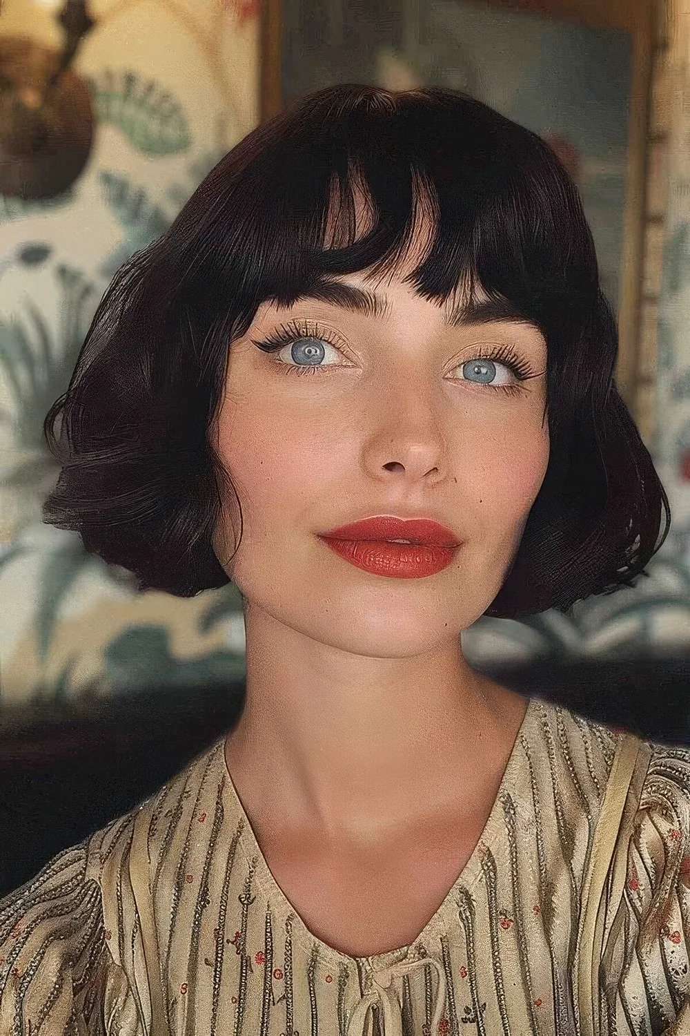 Photo showing brown wavy lip line bob, with the hairstyle clearly visible.