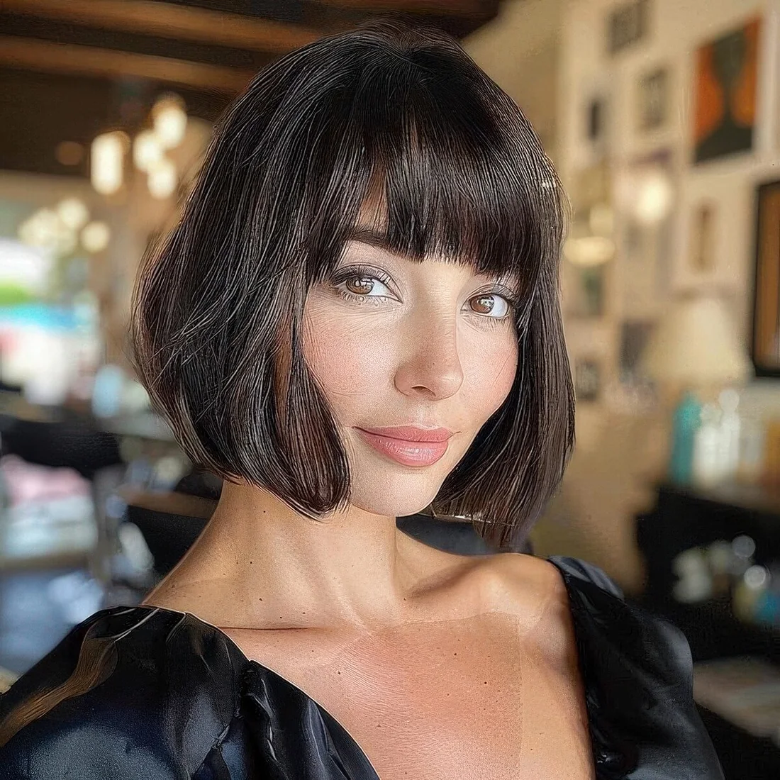 Photo showing deep brown chin bob, with the hairstyle clearly visible.