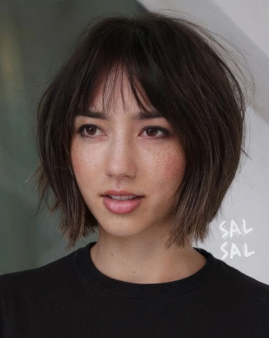 Chin-length shaggy brown bob with a slight ombre effect, wispy bangs and a bit of volume.
