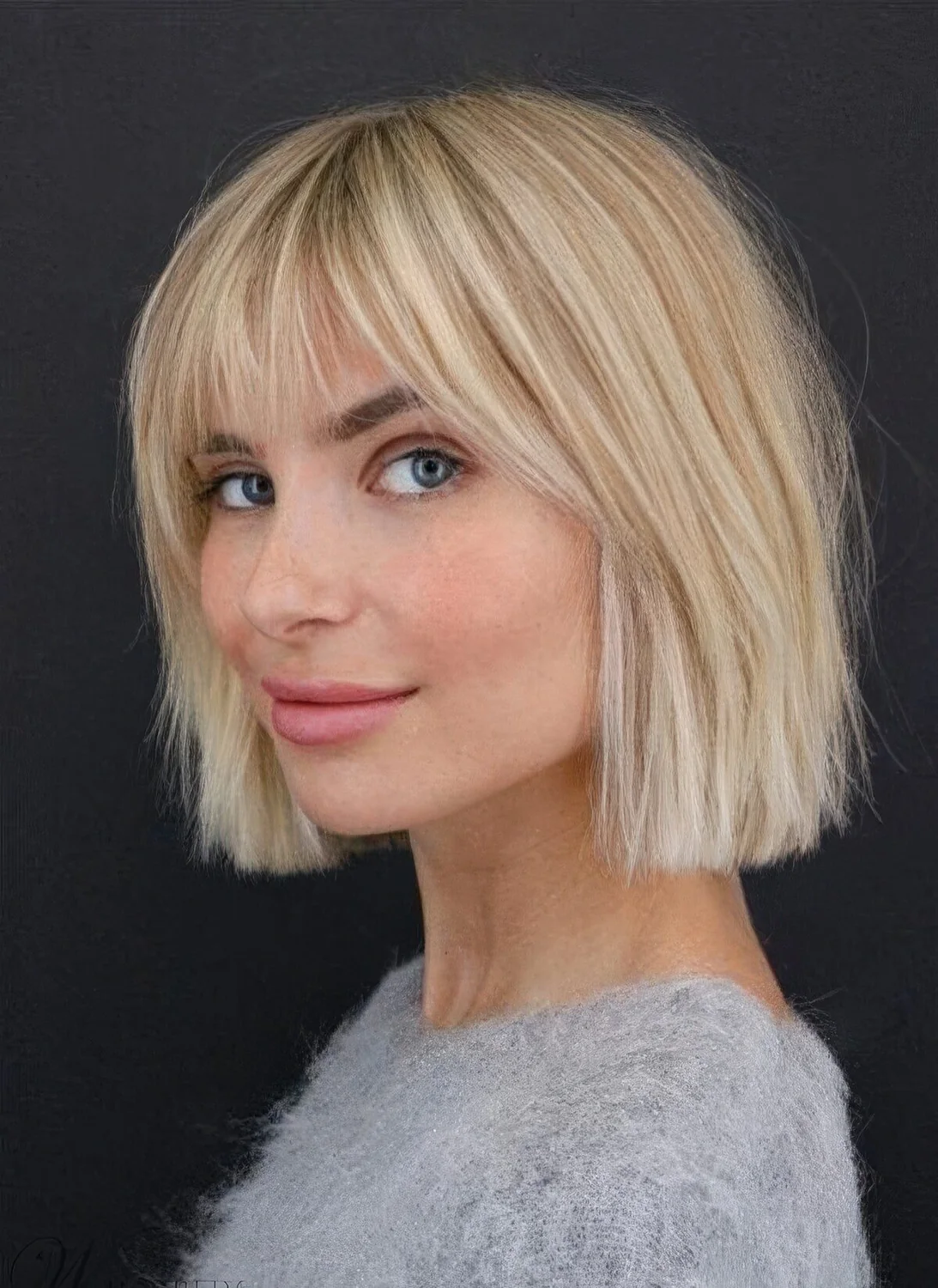 Short messy blonde bob with wispy bangs.