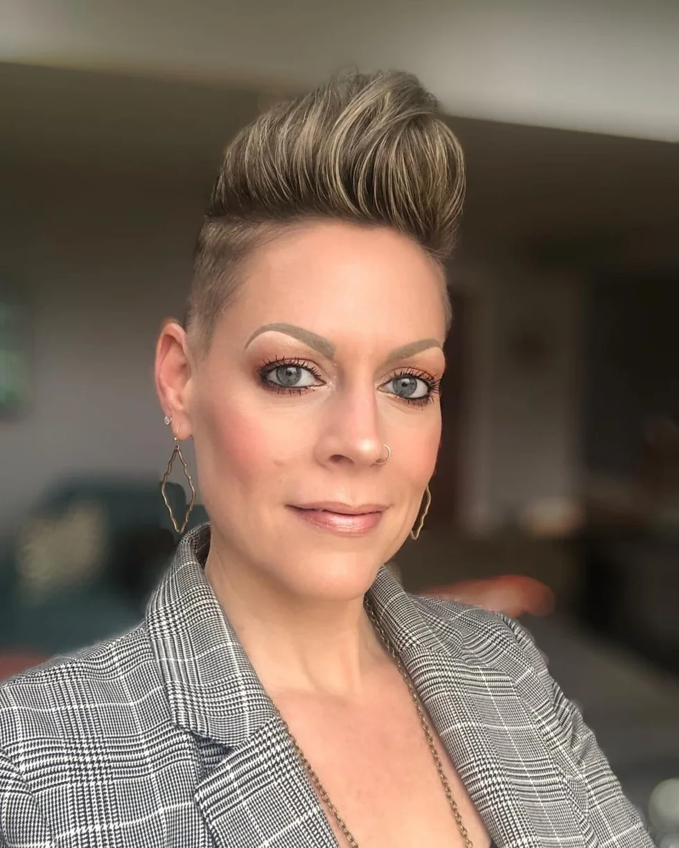 ear straight chestnut undercut shown as a short fine hairstyles for women in their 40s idea
