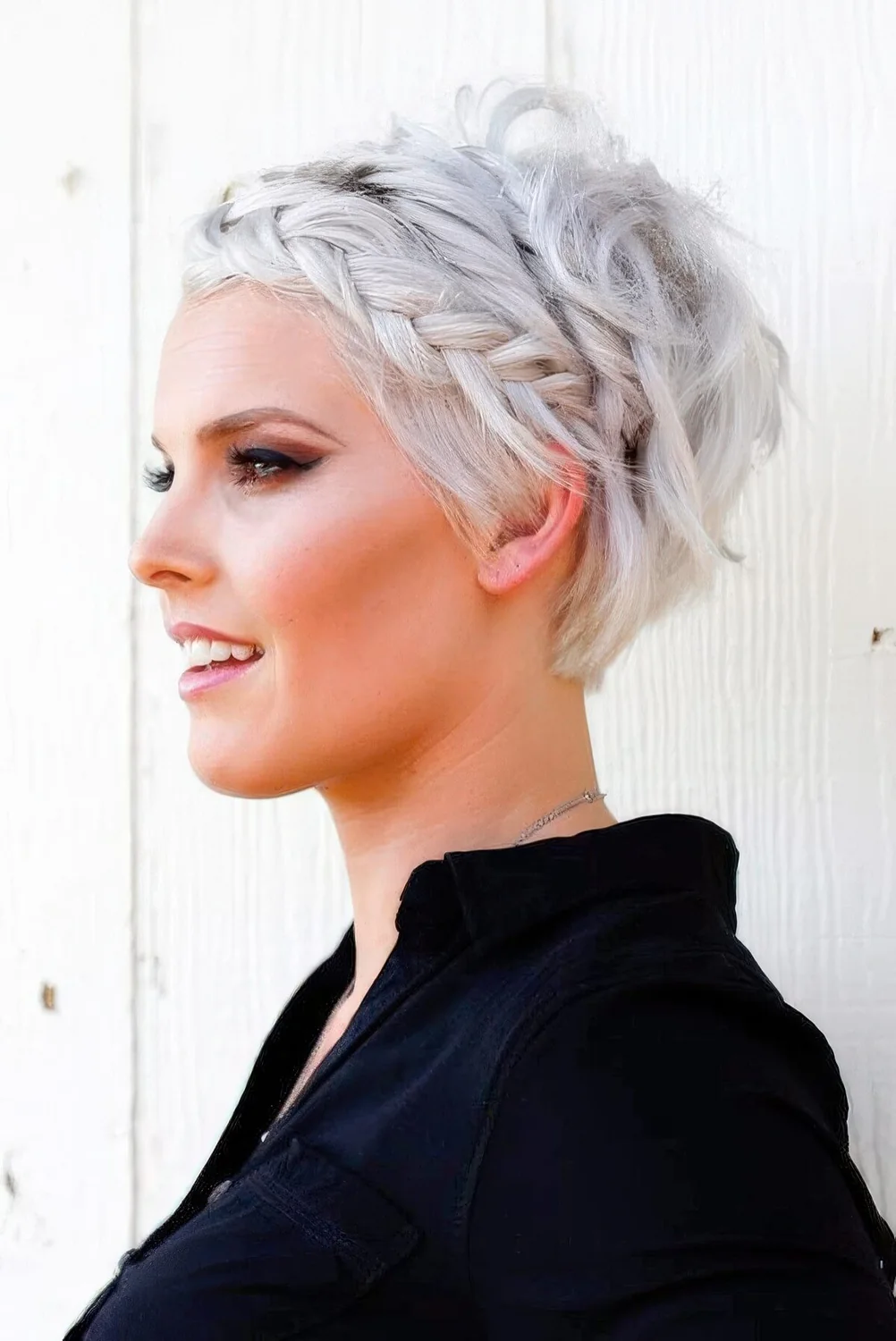 Photo showing platinum pixie hairstyle, with the hairstyle clearly visible.