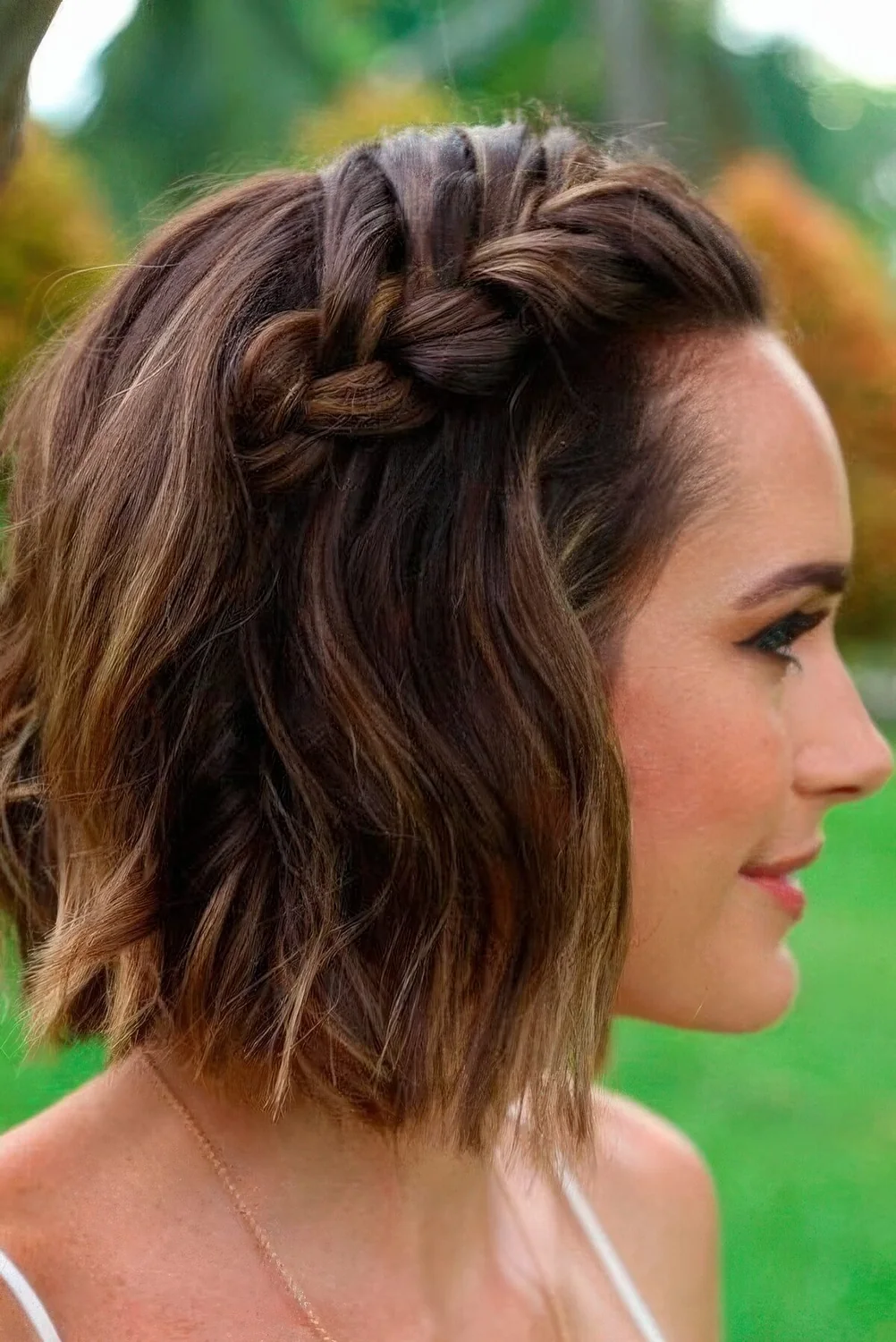 Short wavy bob with a waterfall braid on top for a trendy boho chic feel in your look.