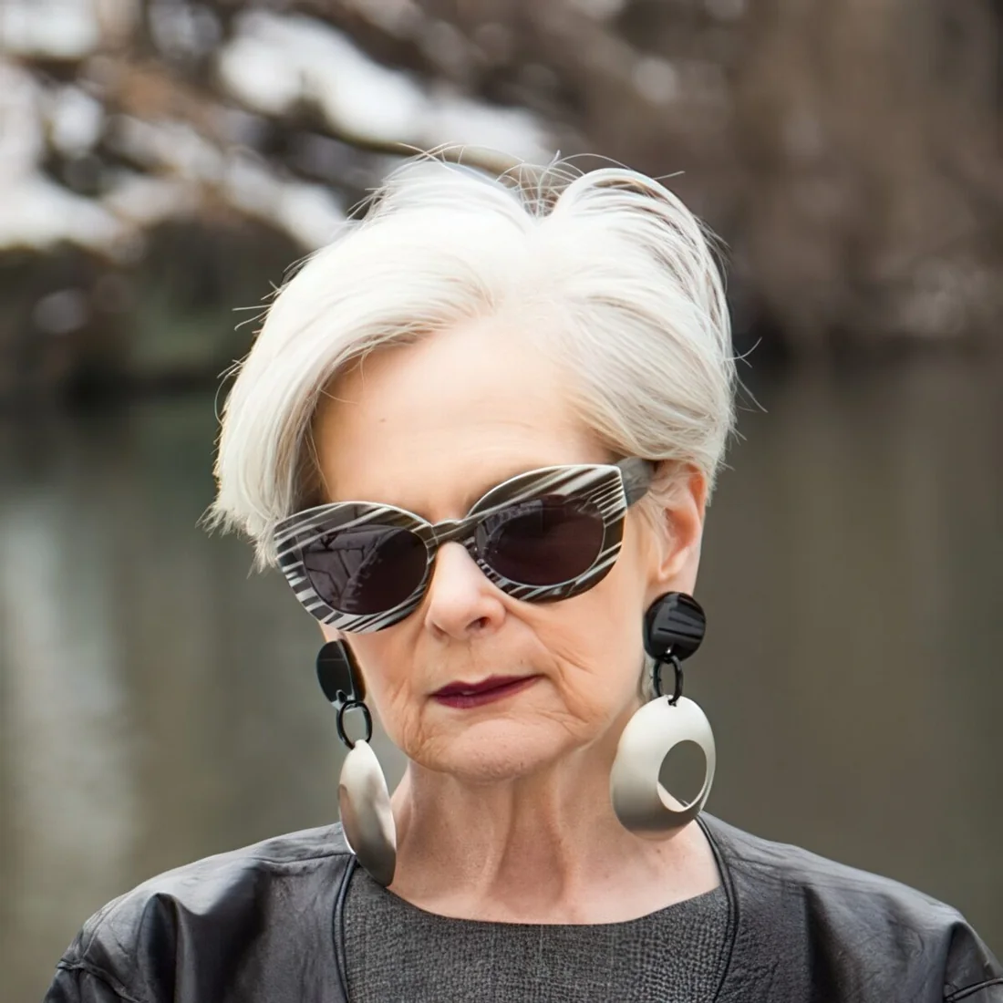 Chic long pixie haircut in icy blonde.