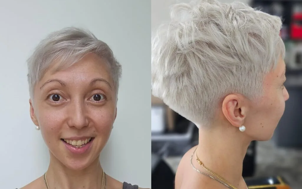 ear straight silver pixie shown as a short haircuts for women over 70 idea