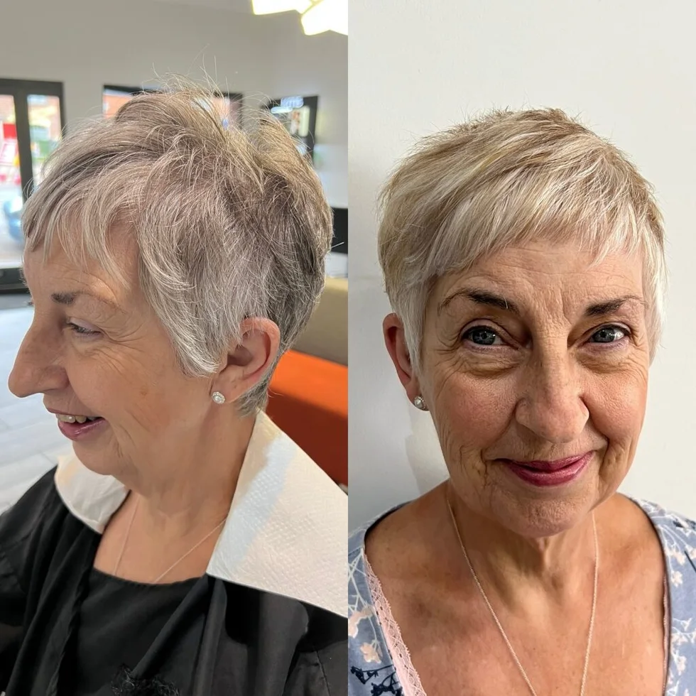 ear straight silver pixie with side swept fringe shown as a short haircuts for women over 70 idea, featuring straight texture