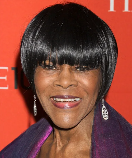 chin straight black bob with blunt fringe shown as a short hairstyles for older black women idea