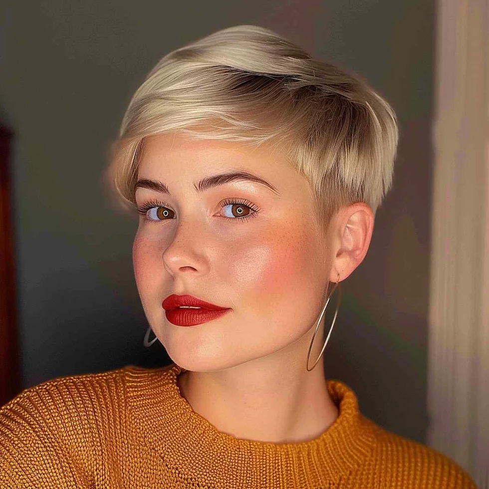 ear straight chestnut pixie with side swept fringe shown as a short hairstyles for thin hair and round face idea, featuring volume through the crown