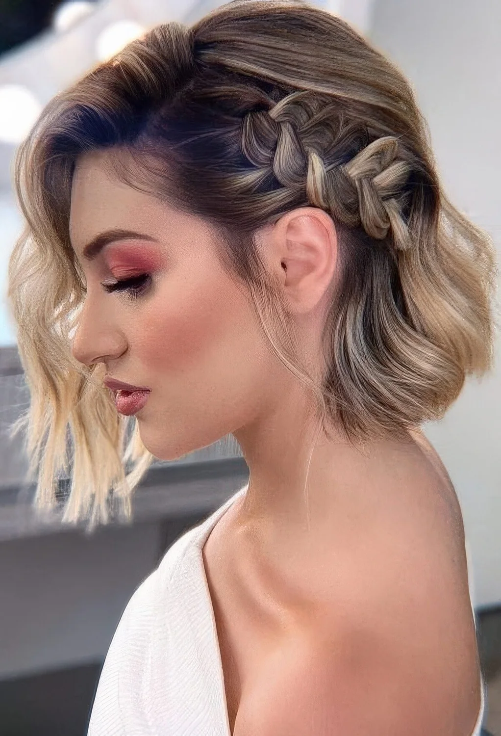 Half updo with a loose braid on one side and waves down.