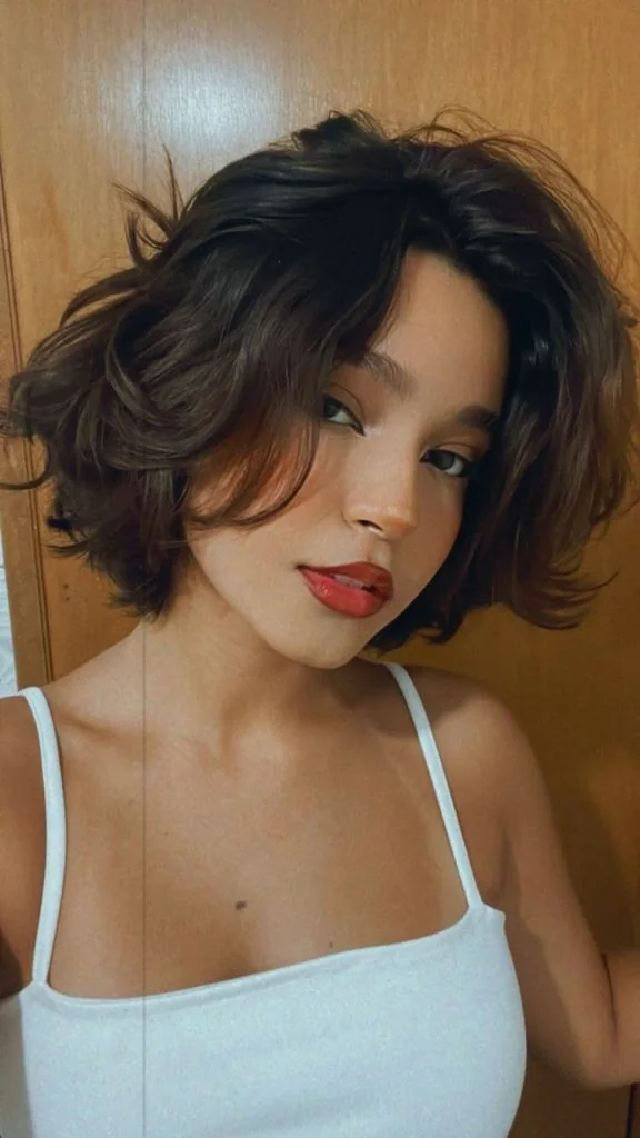 A dark brunette bob has strong crown lift, full side layers, and ends that turn outward near the jaw