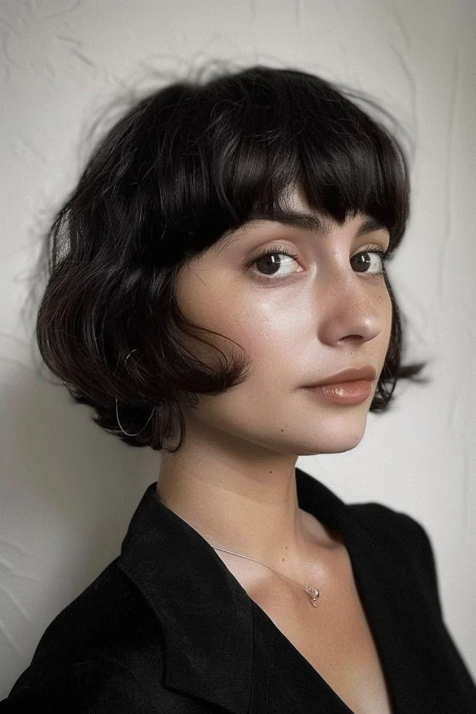 A black wavy bob combines piecey short bangs with curled side sections and a compact rounded back