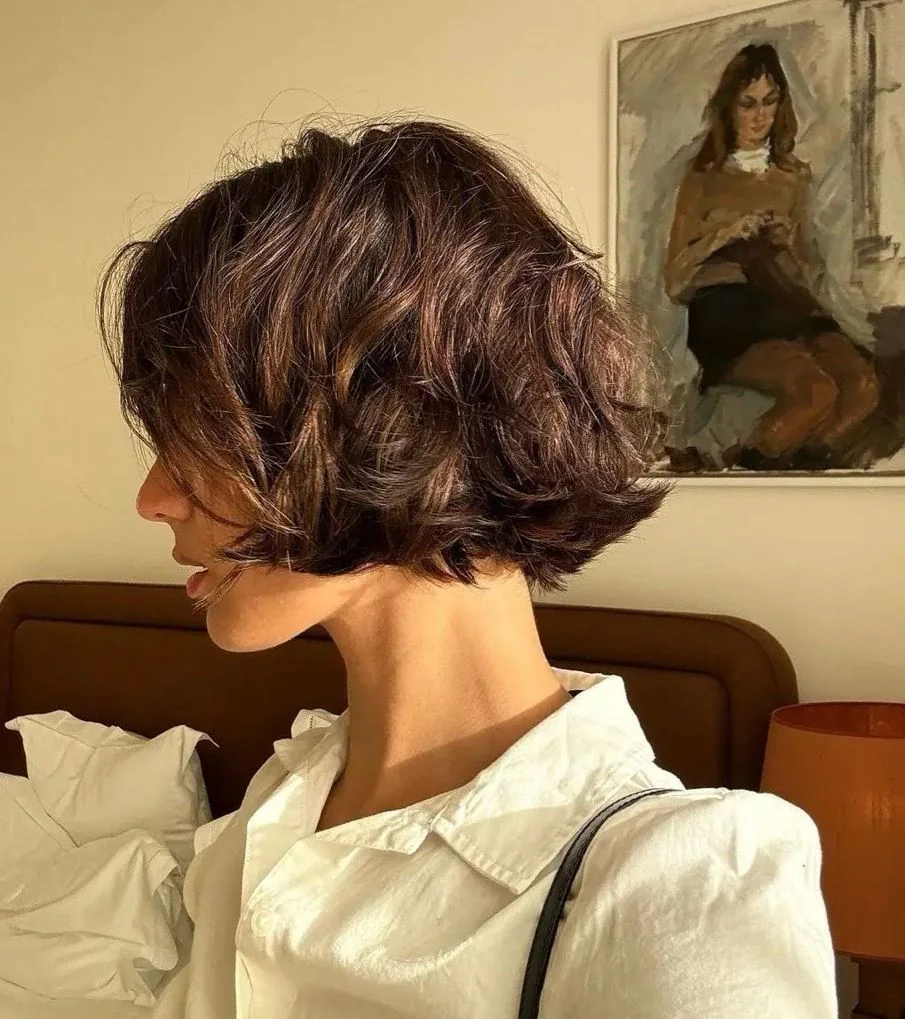 A brown bob is shown from the back with layered waves, a lifted crown, and a neat exposed nape
