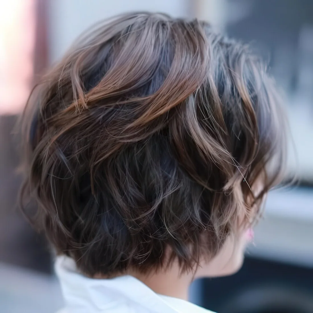 Layered shaggy chestnut balayage bob haircut.
