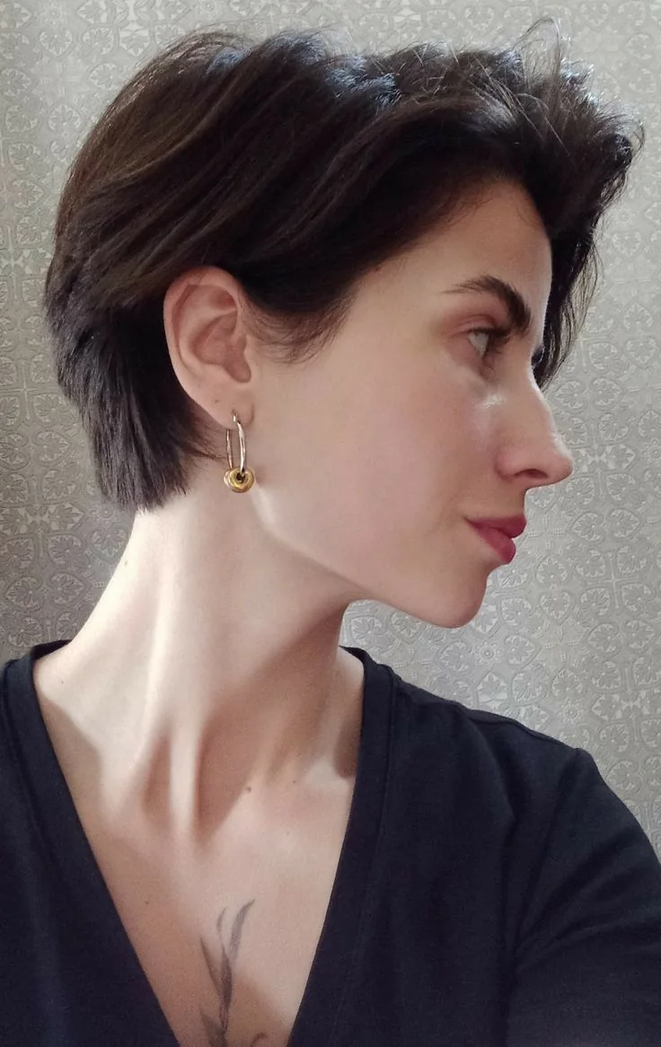 Photo showing long pixie or bixie, with the hairstyle clearly visible.