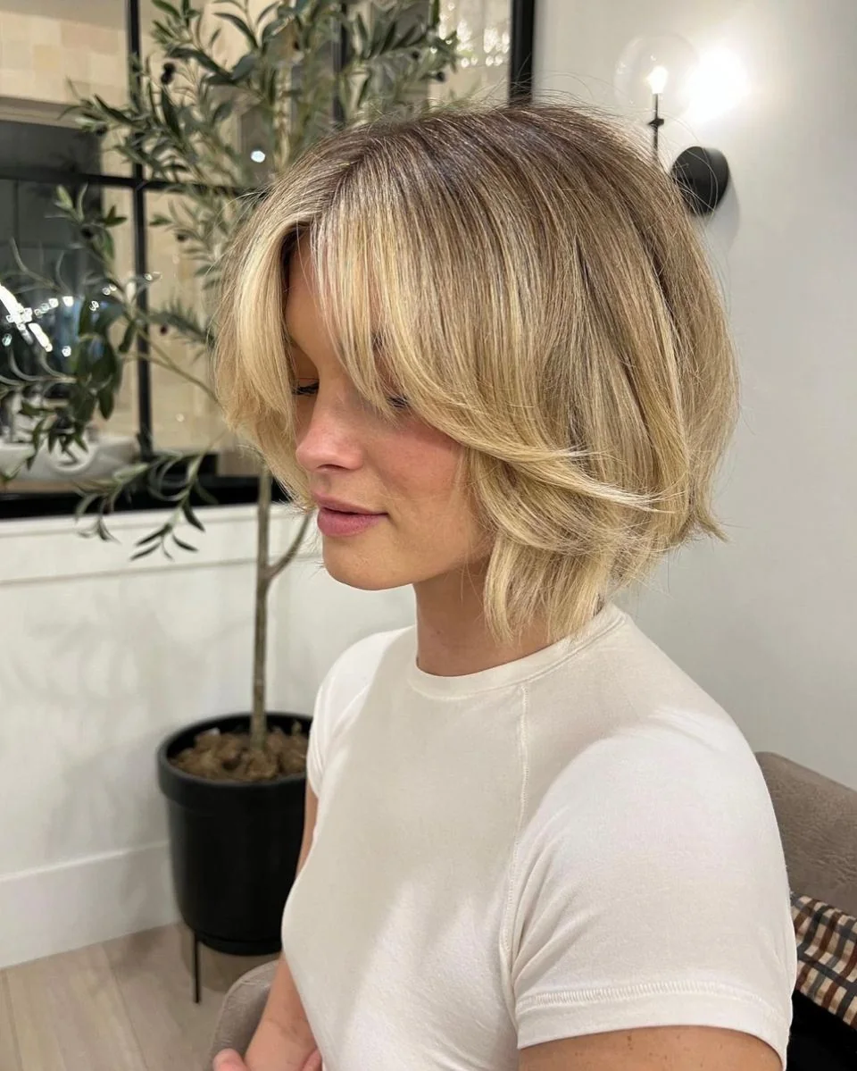 Photo showing bob layered bangs, with the hairstyle clearly visible.