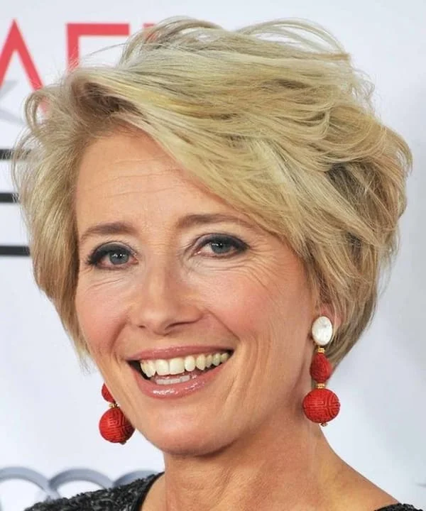 ear straight chestnut pixie with side swept fringe shown as a short pixie haircuts for older women idea, featuring side part