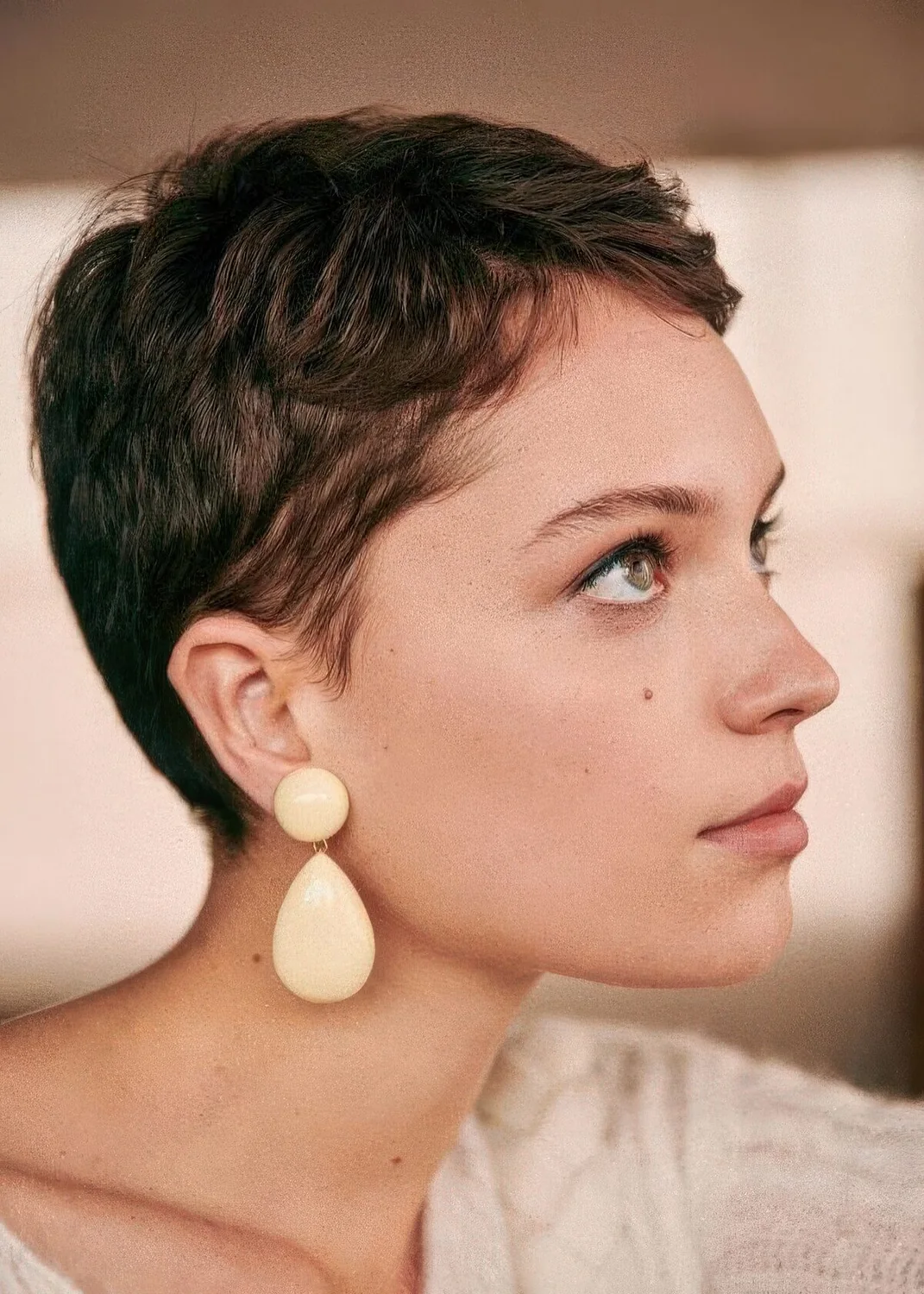 Photo showing dark brunette short pixie cut, with the hairstyle clearly visible.