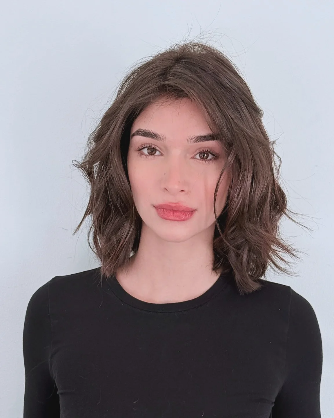 shoulder wavy chestnut lob shown as a shoulder length hairstyles for thin fine hair idea, featuring wavy texture