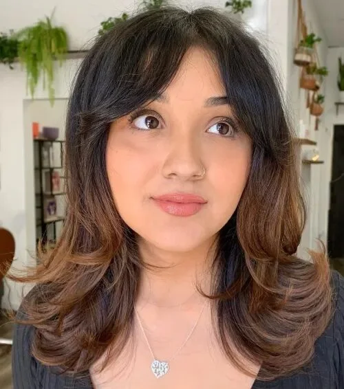 shoulder wavy chestnut lob shown as a shoulder length hairstyles for thin fine hair idea, featuring sleek finish, shown in face-framing medium layers