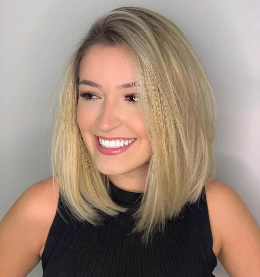 shoulder straight honey lob shown as a shoulder length hairstyles for thin fine hair idea, featuring volume through the ends