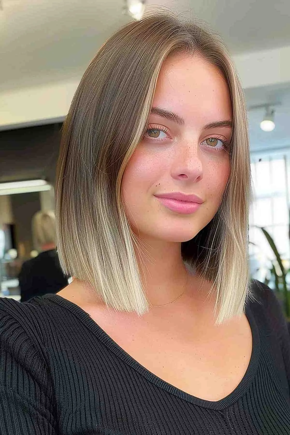 shoulder straight honey lob shown as a shoulder length hairstyles for thin fine hair idea, featuring straight texture