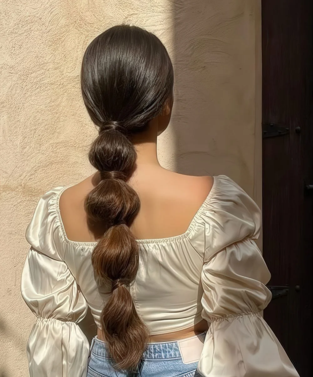 Photo showing large bubble braid, with the hairstyle clearly visible.