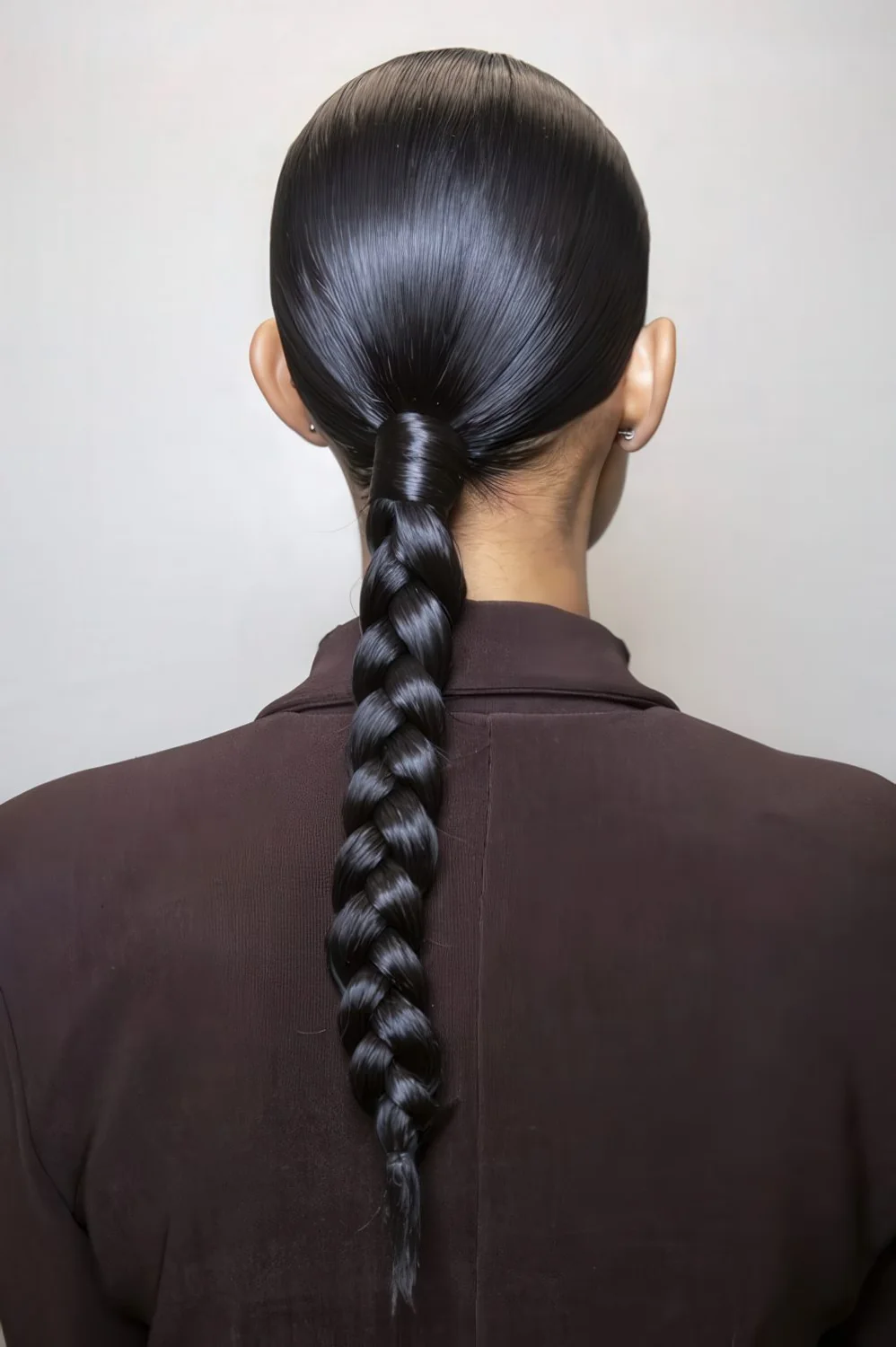 Photo showing low shiny braid, with the hairstyle clearly visible.