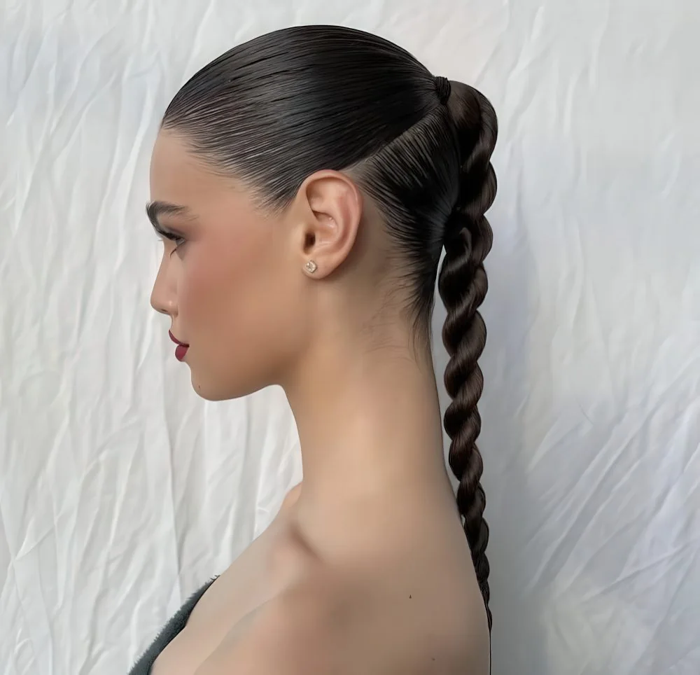 Photo showing twisted sleek braid, with the hairstyle clearly visible.