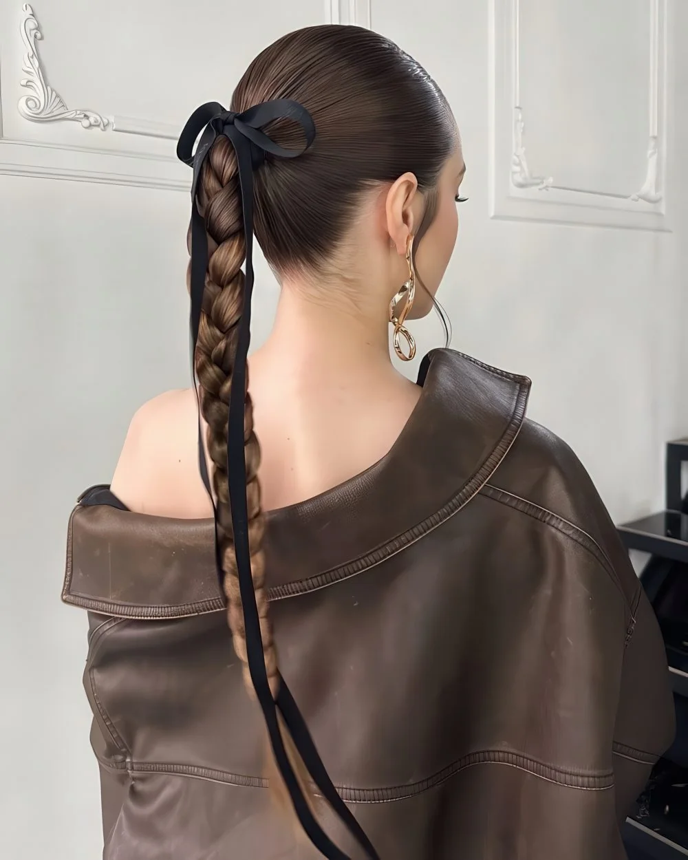 Photo showing slick braid black bow, with the hairstyle clearly visible.