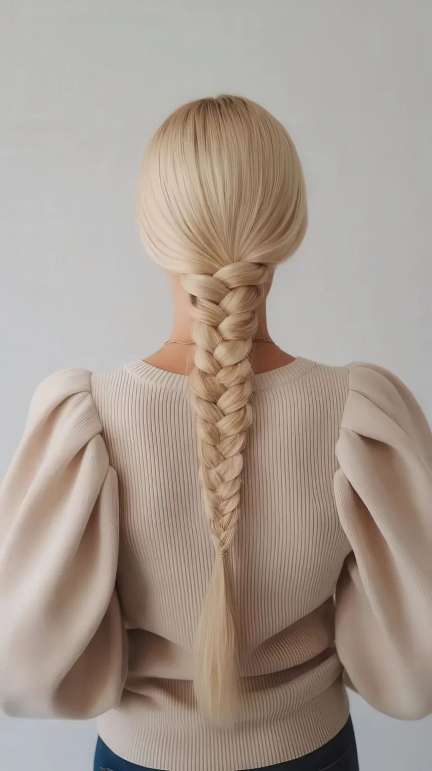 Photo showing low thick braid, with the hairstyle clearly visible.