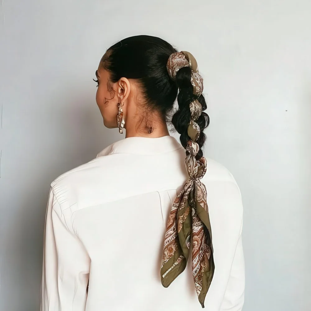 Photo showing braid with head scarf, with the hairstyle clearly visible.